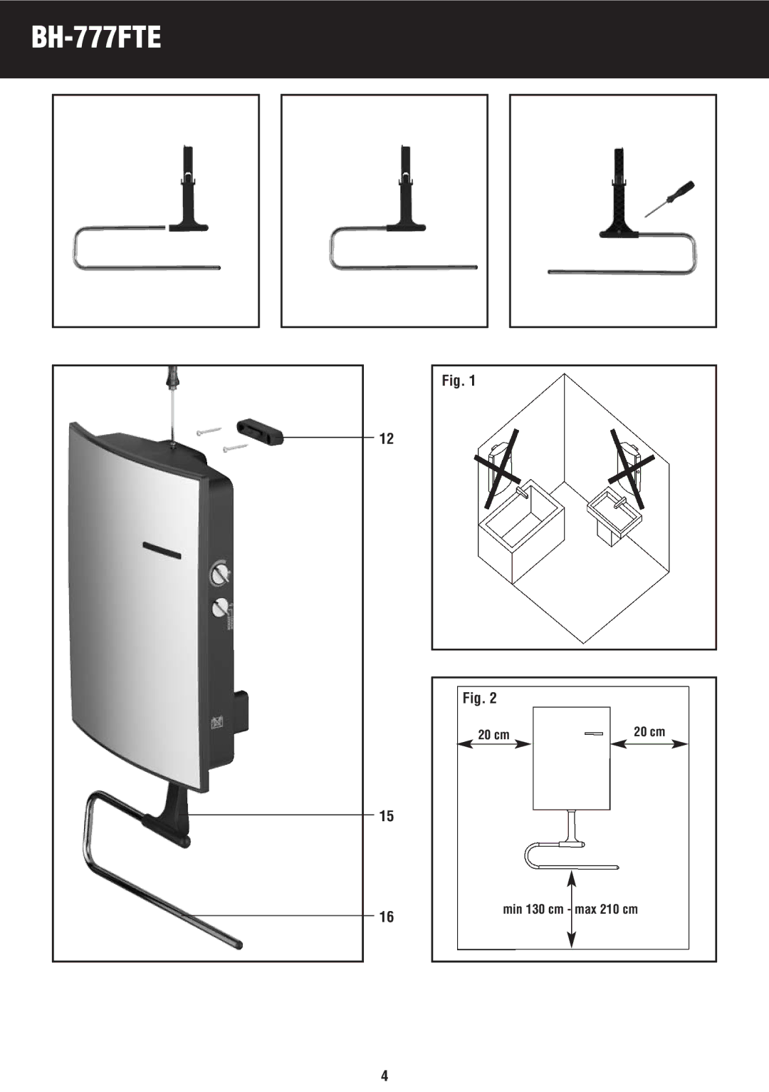 Honeywell BH-777FTE manual do utilizador cm Min 130 cm max 210 cm 