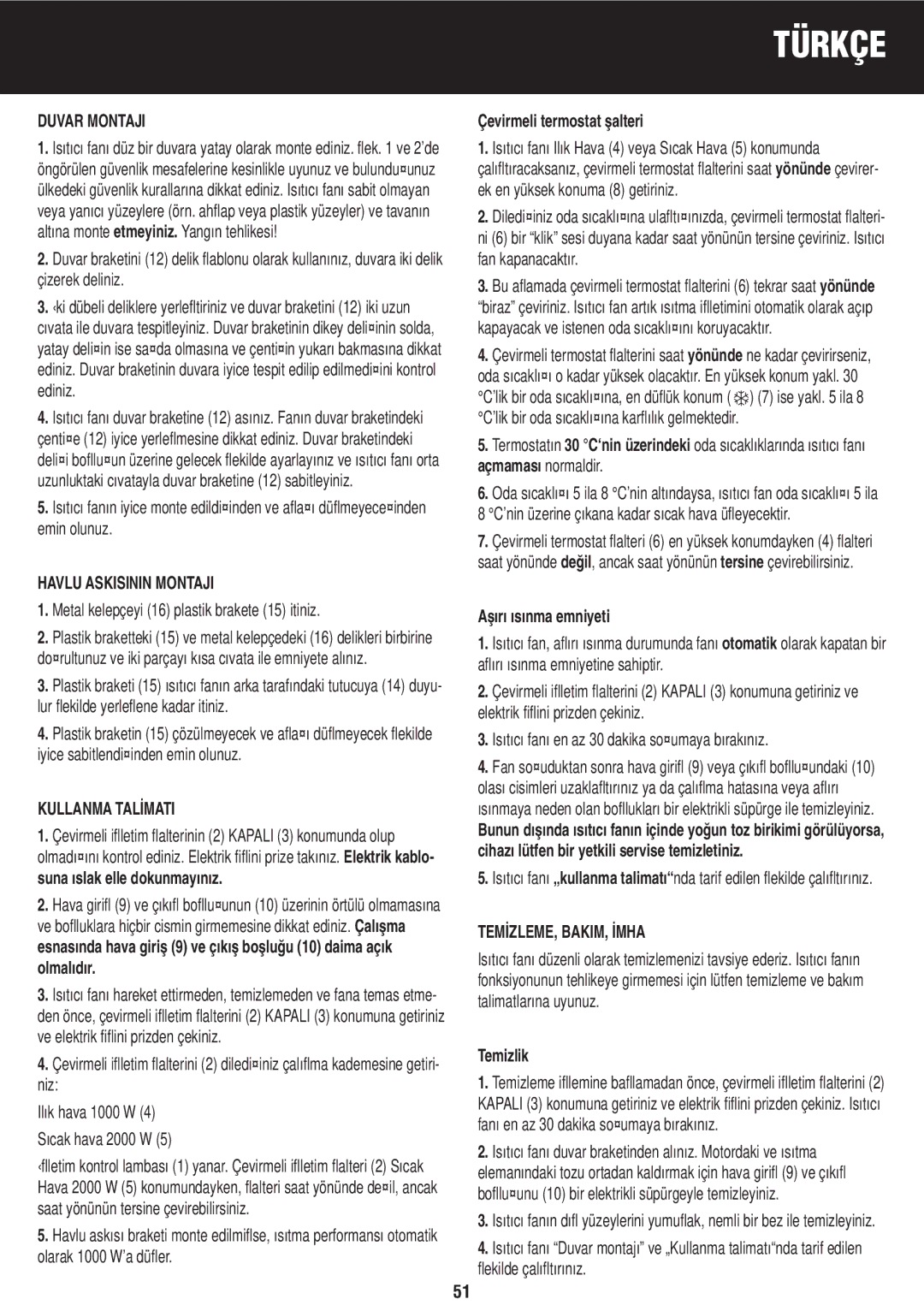 Honeywell BH-777FTE manual do utilizador Duvar Montaji, Havlu Askisinin Montaji, Kullanma TAL‹MATI, Tem‹Zleme, Bakim, ‹Mha 