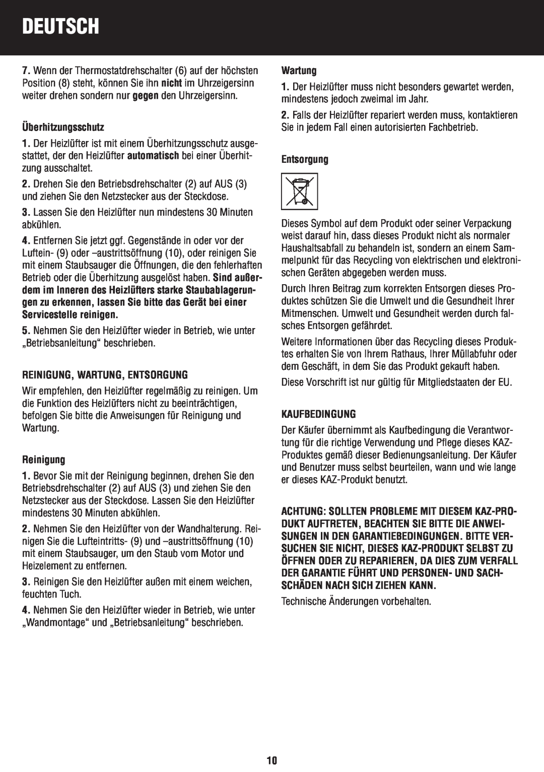 Honeywell BH-777FTE manual do utilizador Überhitzungsschutz, Reinigung, Wartung, Entsorgung, Kaufbedingung, Deutsch 