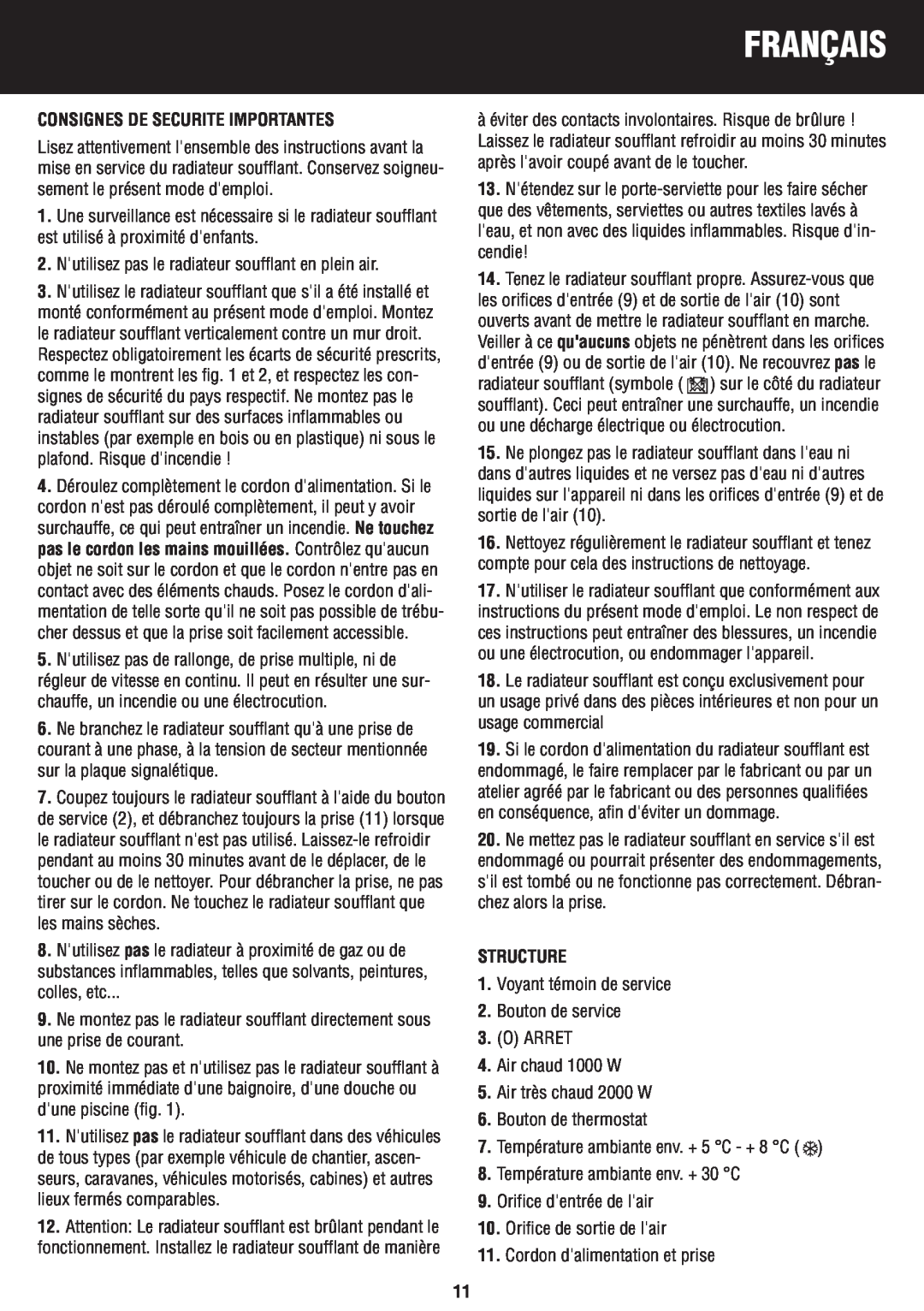 Honeywell BH-777FTE manual do utilizador Français, Consignes De Securite Importantes, Structure 