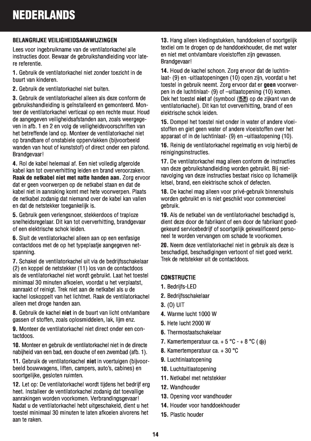 Honeywell BH-777FTE manual do utilizador Nederlands, Belangrijke Veiligheidsaanwijzingen, Constructie 