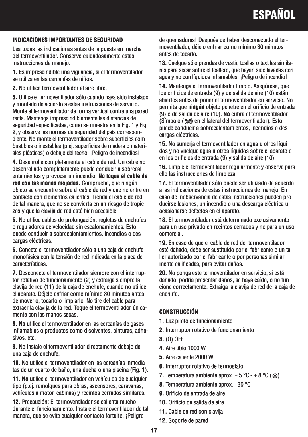 Honeywell BH-777FTE manual do utilizador Español, Indicaciones Importantes De Seguridad, Construcción 