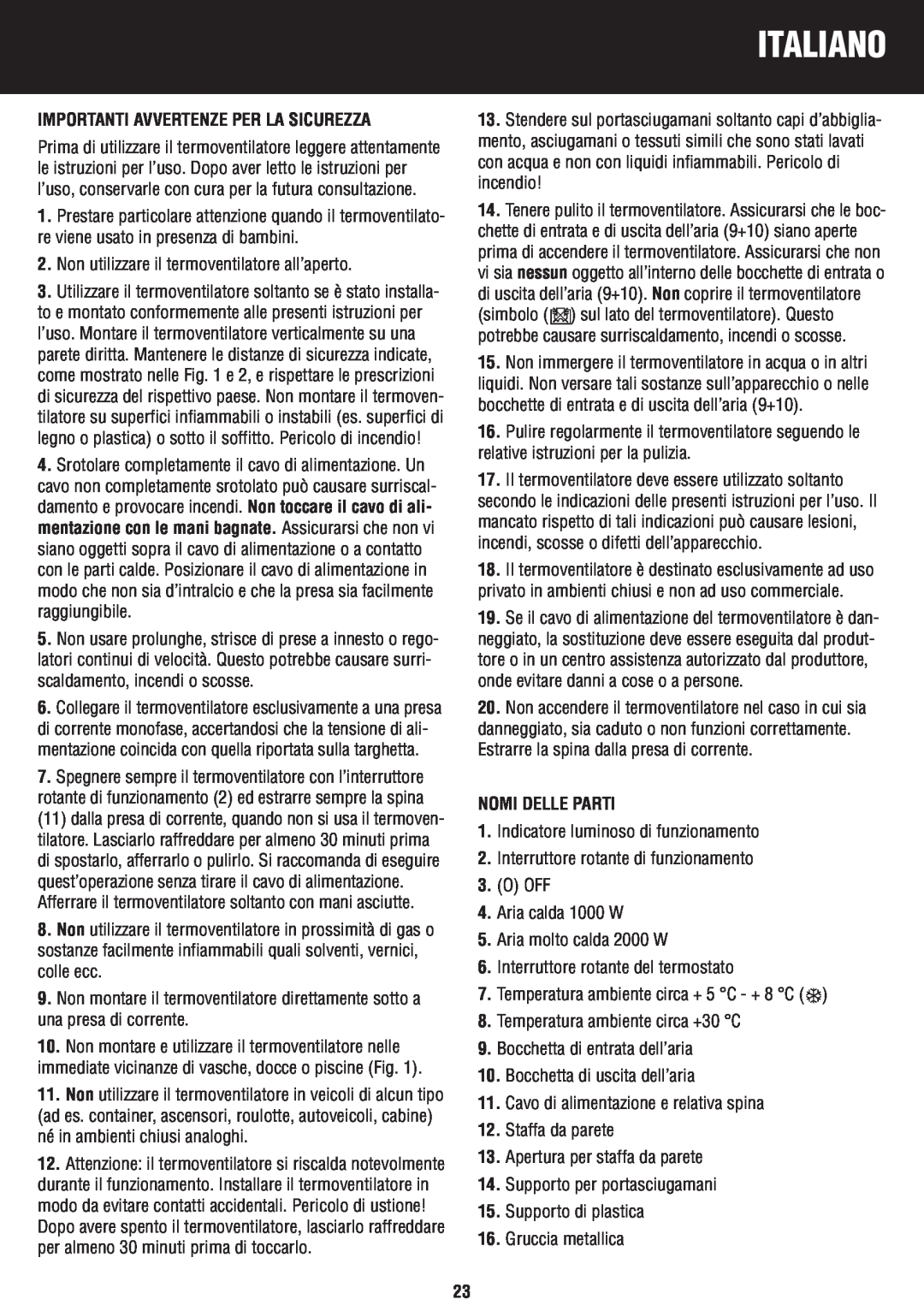 Honeywell BH-777FTE manual do utilizador Italiano, Importanti Avvertenze Per La Sicurezza, Nomi Delle Parti 