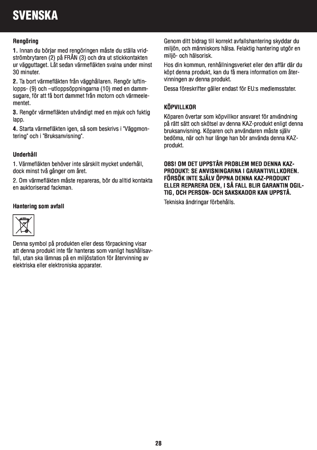 Honeywell BH-777FTE manual do utilizador Rengöring, Underhåll, Hantering som avfall, Köpvillkor, Svenska 