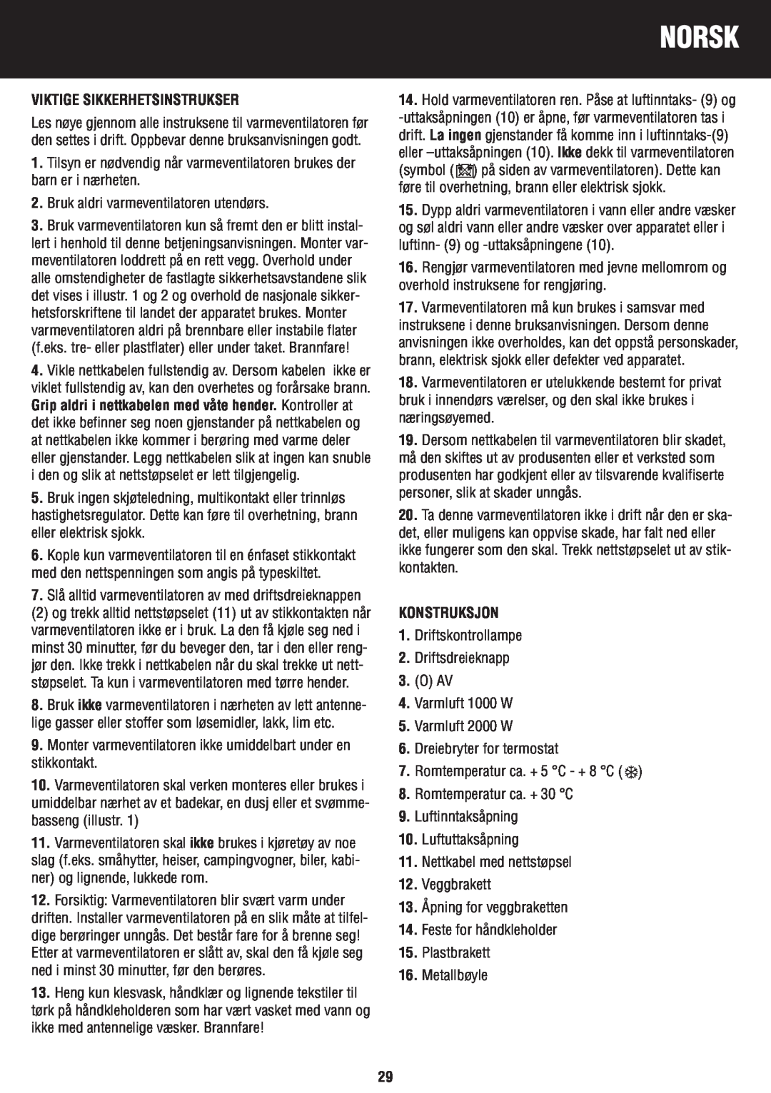 Honeywell BH-777FTE manual do utilizador Norsk, Viktige Sikkerhetsinstrukser, Konstruksjon 