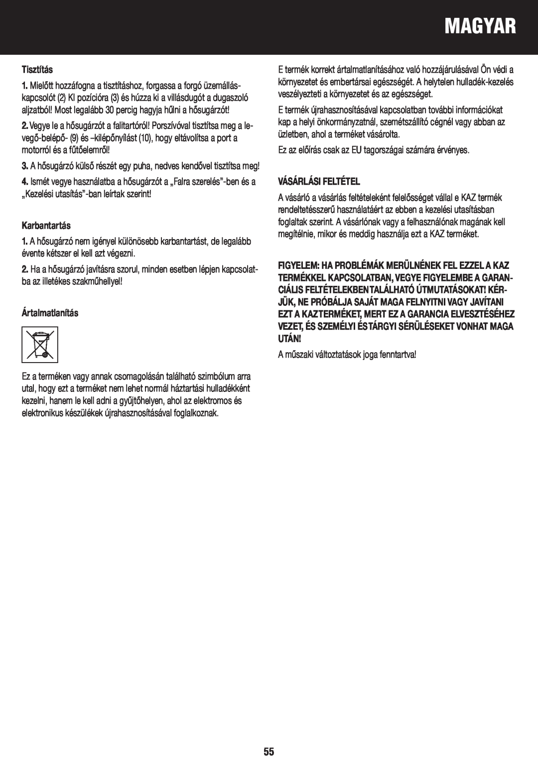 Honeywell BH-777FTE manual do utilizador Tisztítás, Karbantartás, Ártalmatlanítás, Vásárlási Feltétel, Magyar 