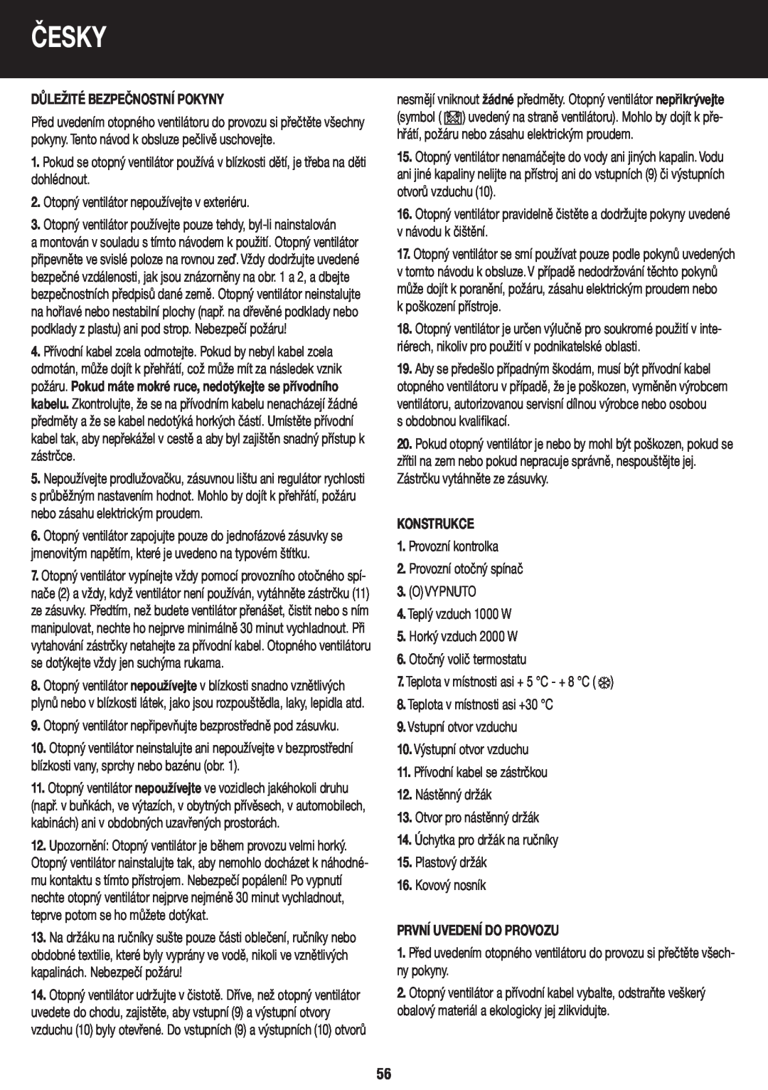 Honeywell BH-777FTE manual do utilizador Česky, Důležité Bezpečnostní Pokyny, Konstrukce, První Uvedení Do Provozu 