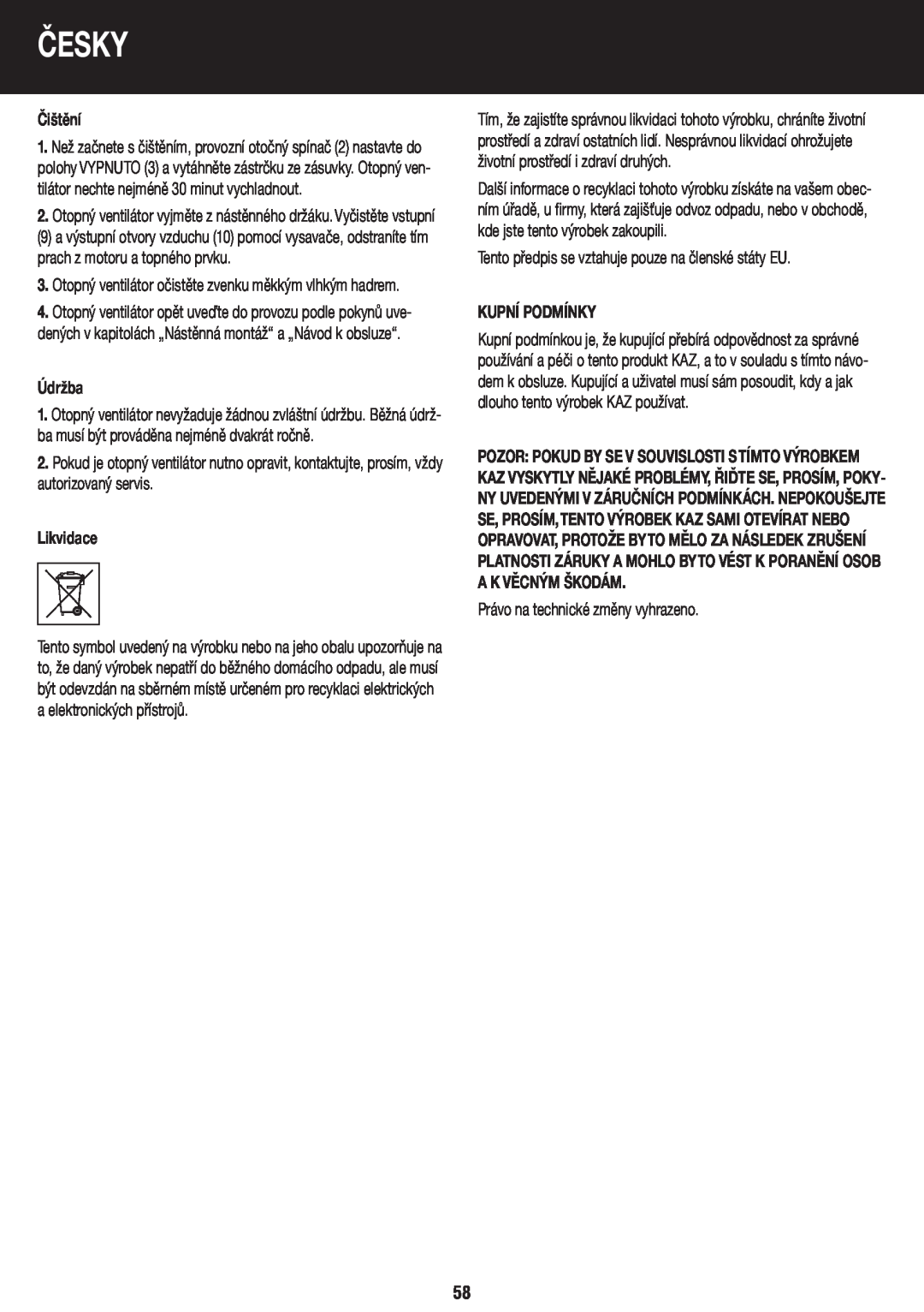 Honeywell BH-777FTE manual do utilizador Čištění, Údržba, Likvidace, Kupní Podmínky, Česky 