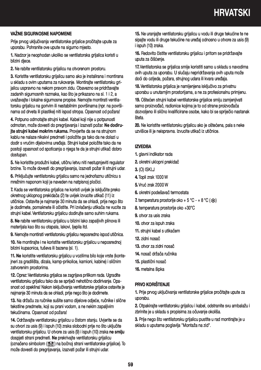 Honeywell BH-777FTE manual do utilizador Hrvatski, Važne Sigurnosne Napomene, Izvedba, Prvo Korištenje 
