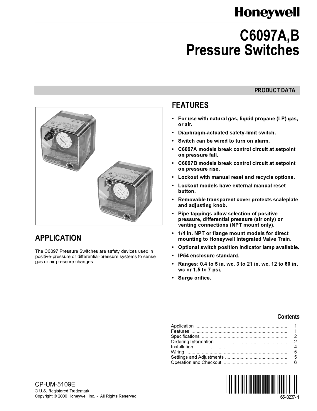 Honeywell C6097A specifications Features Application, Contents 