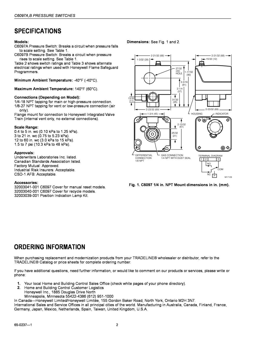 Honeywell Specifications, Ordering Information, C6097A,B PRESSURE SWITCHES, Models, Connections Depending on Model 