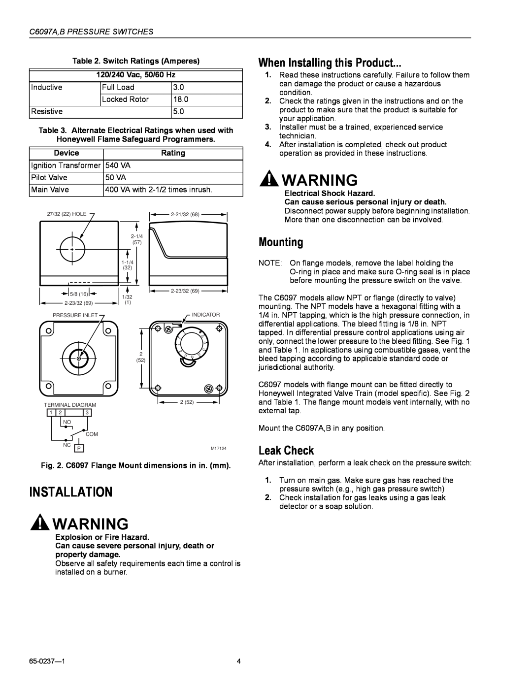 Honeywell Installation, When Installing this Product, Mounting, Leak Check, C6097A,B PRESSURE SWITCHES, Device, Rating 