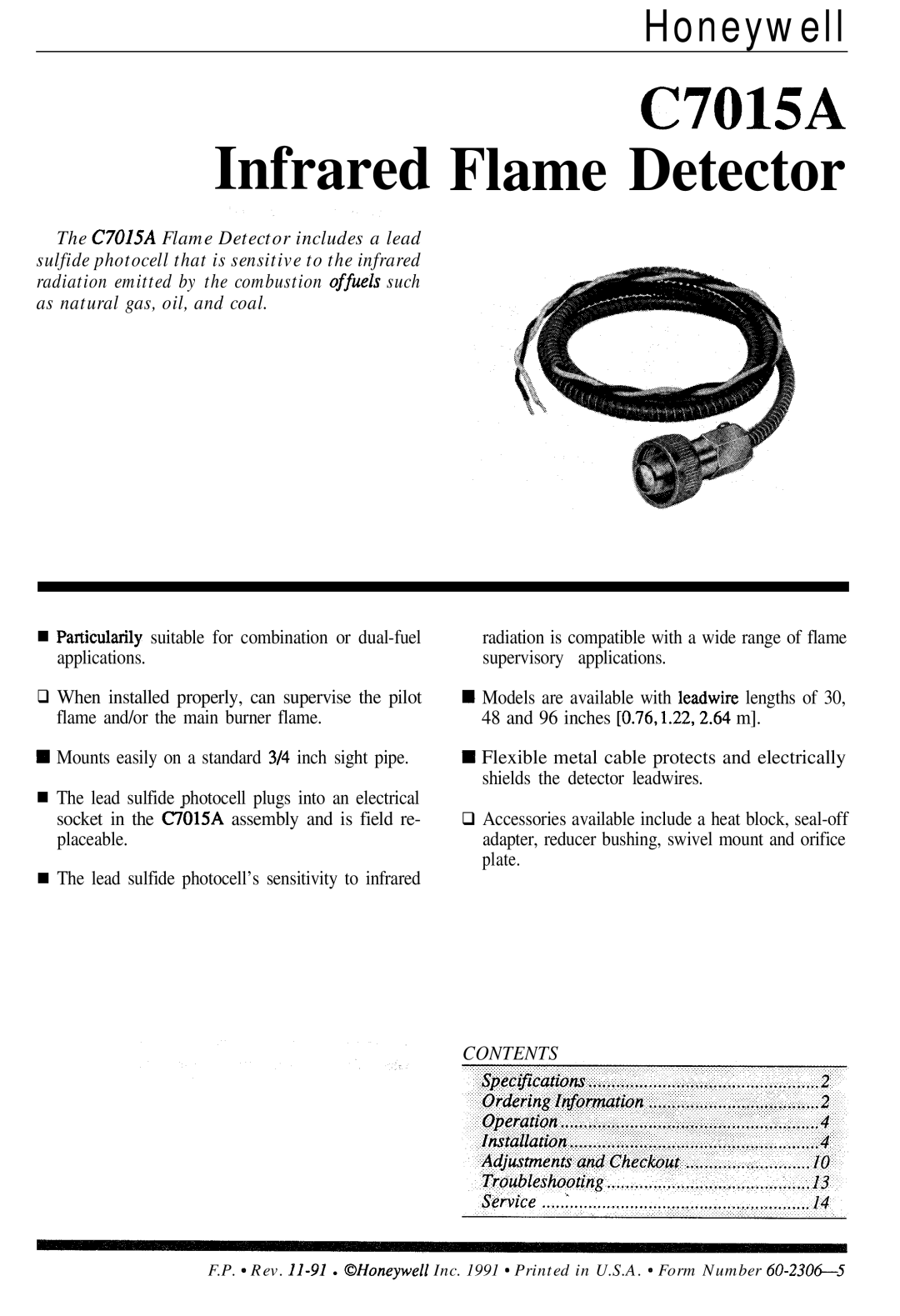 Honeywell C7015A manual Infrared Flame Detector 