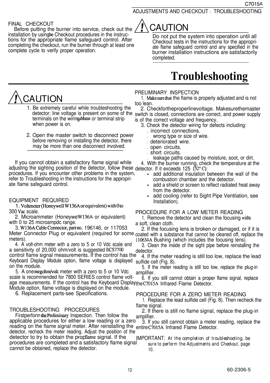 Honeywell C7015A manual Adjustments and Checkout Troubleshooting 