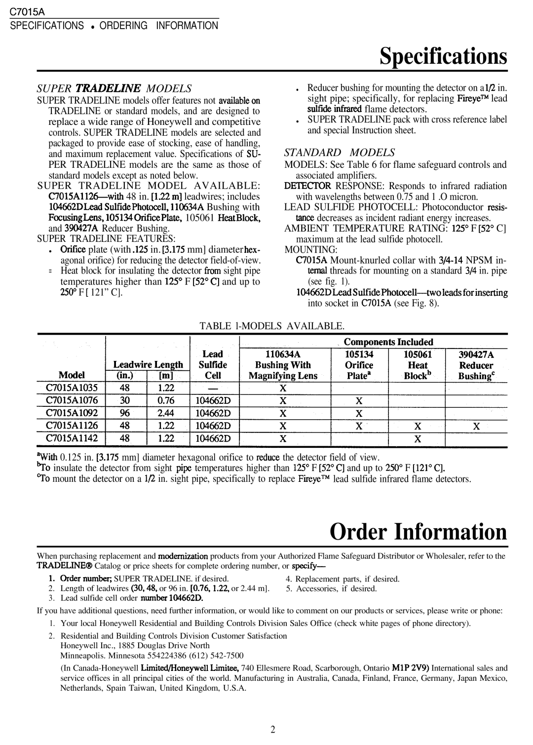 Honeywell C7015A manual Order Information, Specifications Ordering Information, Super Tradeline Features, Mounting 