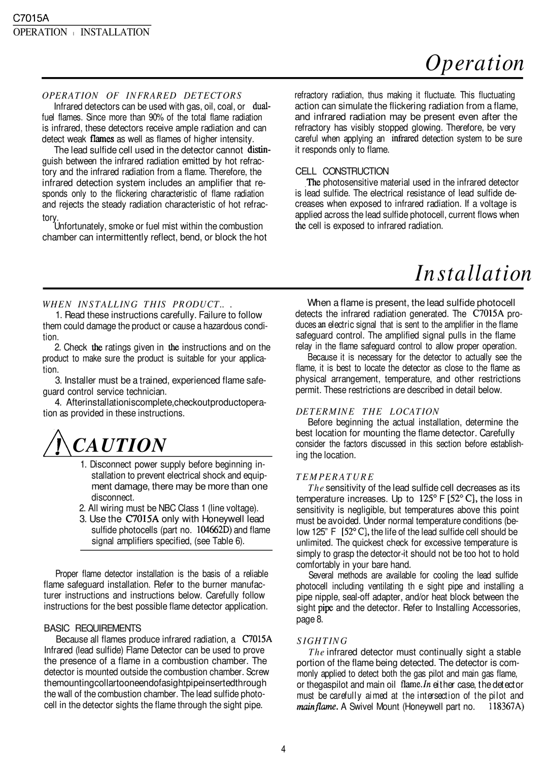 Honeywell C7015A manual Operation Installation, Tory, Cell Construction, Basic Requirements 