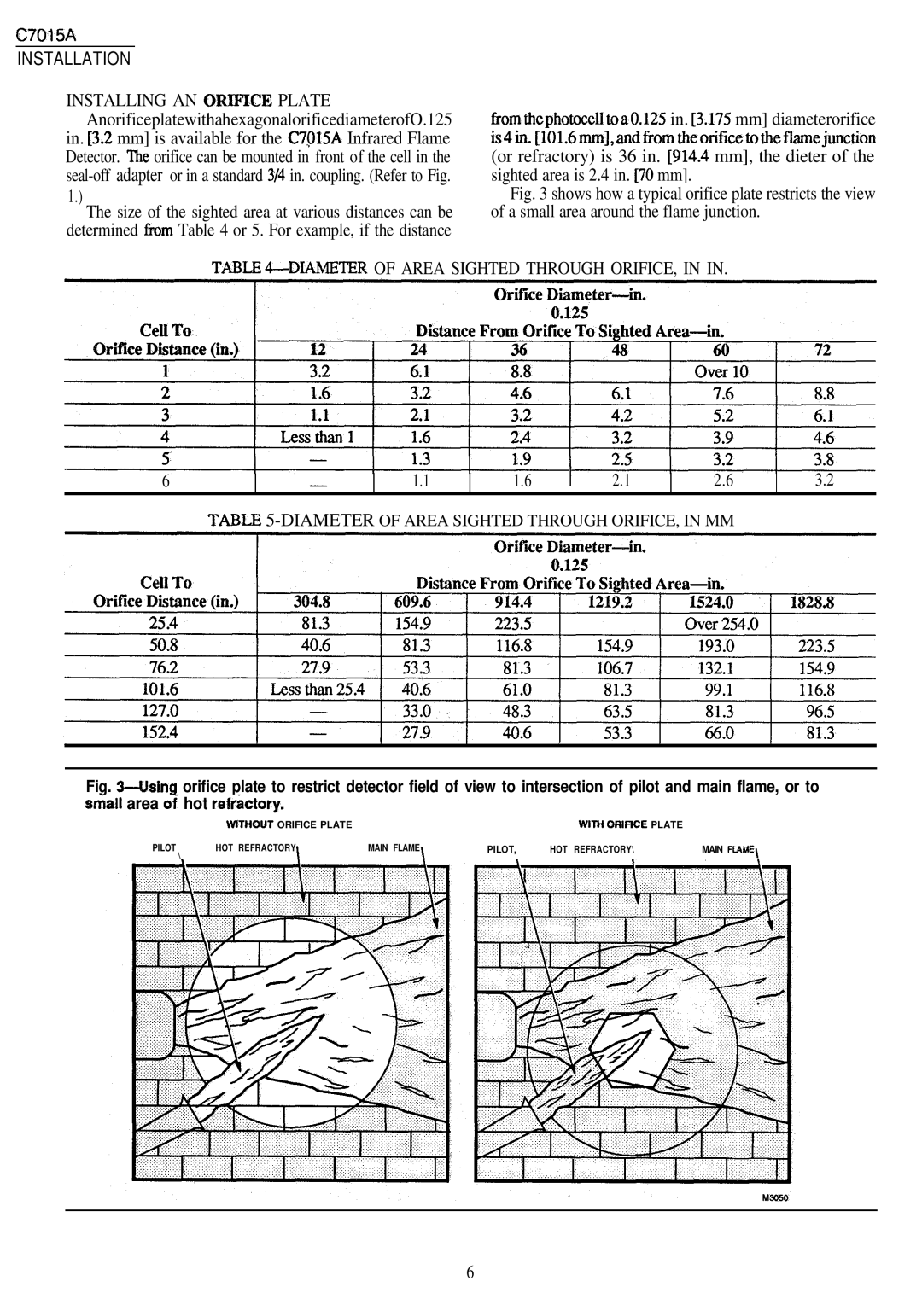 Honeywell C7015A manual Installation, Table Adiamexer of Area Sighted Through ORIFICE 