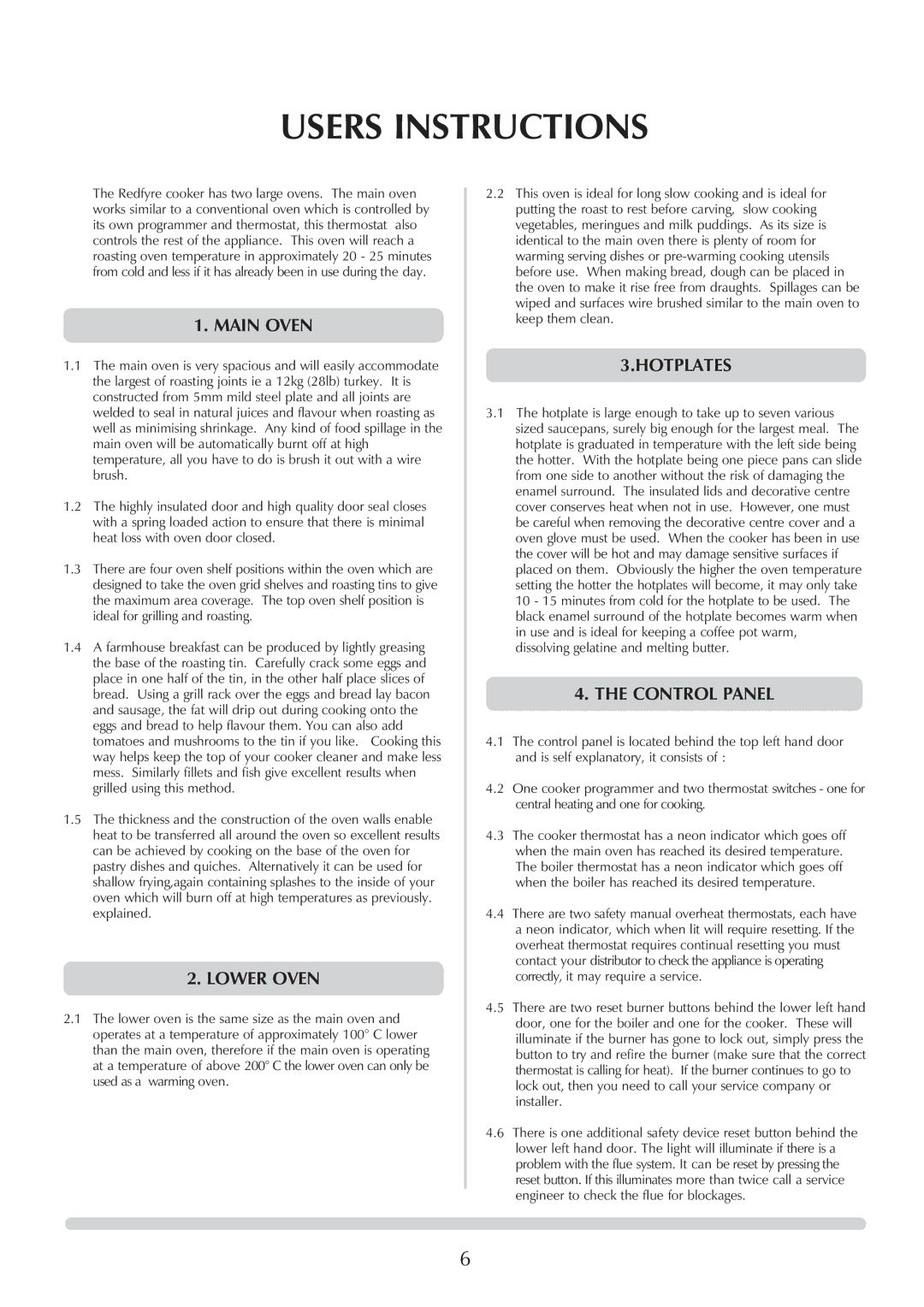 Honeywell Central Heating Cooker Natural Gas manual Users Instructions, Main Oven, Lower Oven, Hotplates, Control Panel 