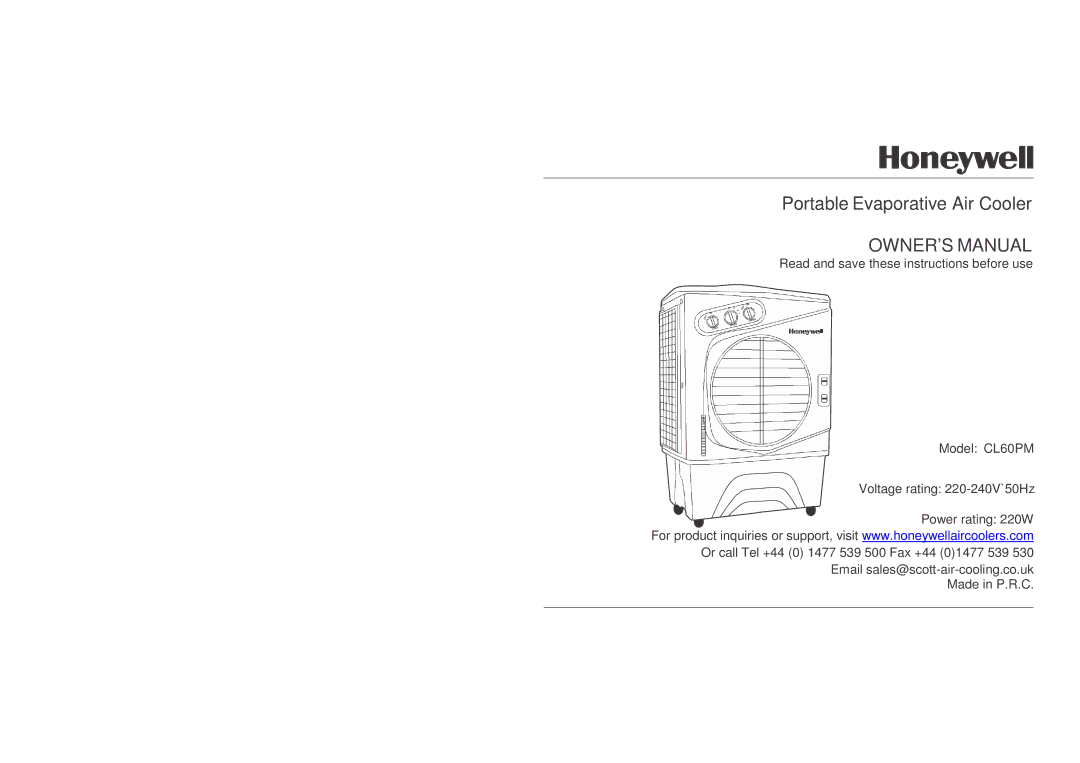 Honeywell CL60PM owner manual Portable Evaporative Air Cooler 