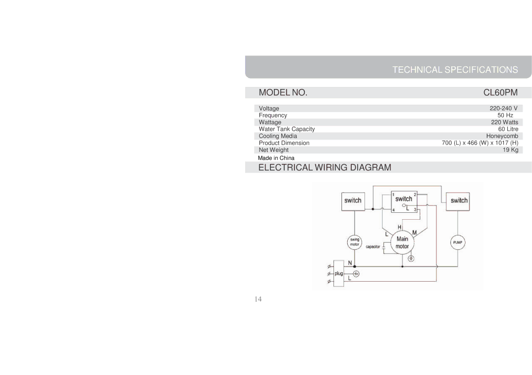 Honeywell owner manual Technical Specifications, Model no CL60PM 