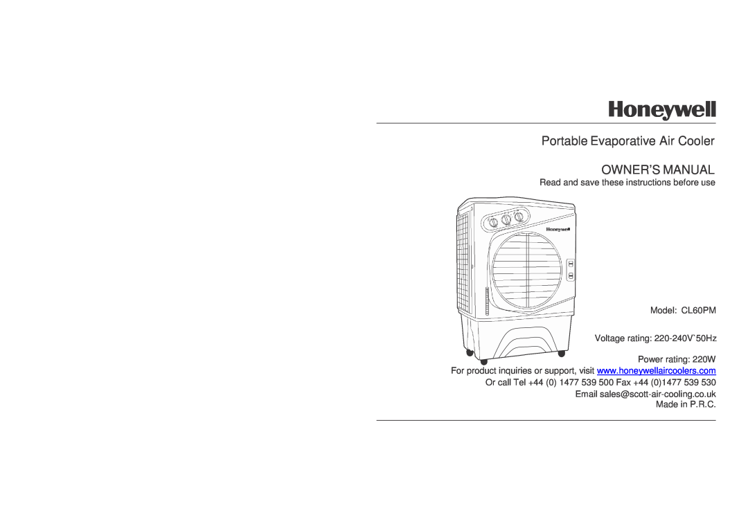 Honeywell CL60PM owner manual Portable Evaporative Air Cooler OWNER’S MANUAL, Voltage rating 220-240V`50Hz 
