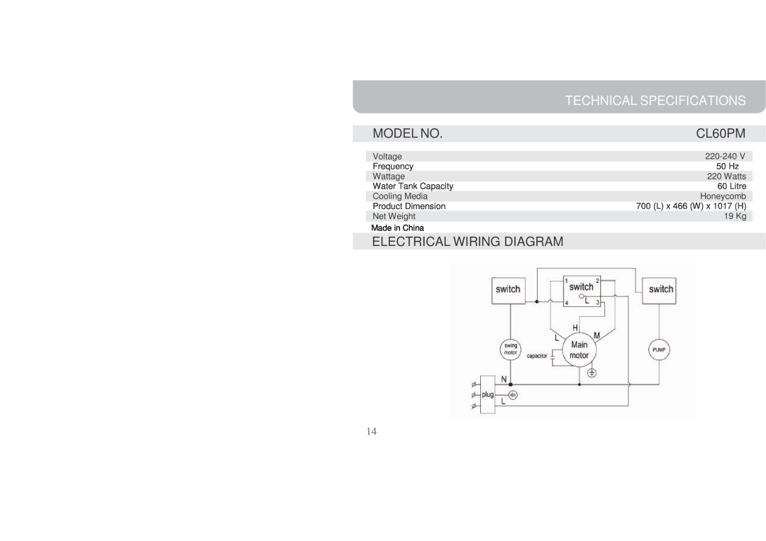Honeywell CL60PM owner manual Technical Specifications, Model No, Electrical Wiring Diagram 