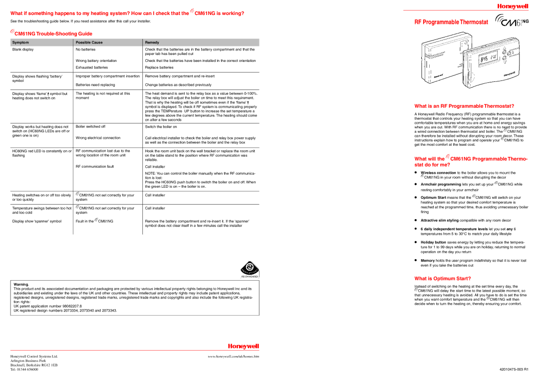 Honeywell manual CM61NG Trouble-Shooting Guide, What will the CM61NG Programmable Thermo- stat do for me? 