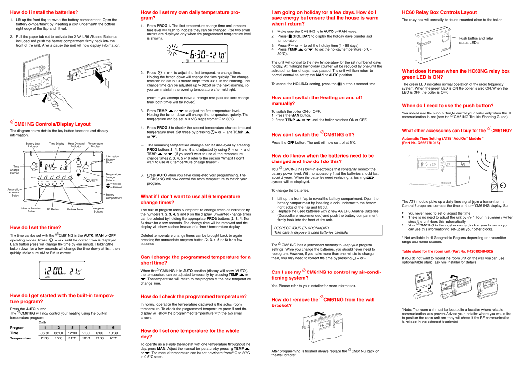 Honeywell manual How do I install the batteries?, CM61NG Controls/Display Layout, How do I set the time? 