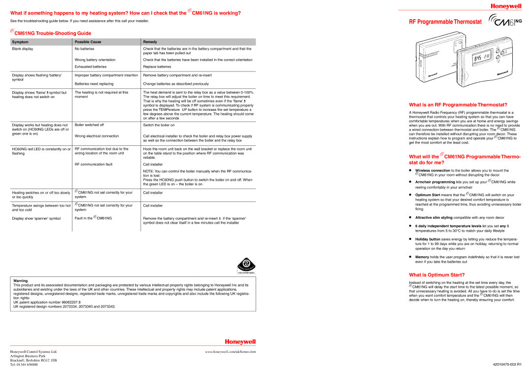 Honeywell manual CM61NG Trouble-Shooting Guide, What will the CM61NG Programmable Thermo- stat do for me? 