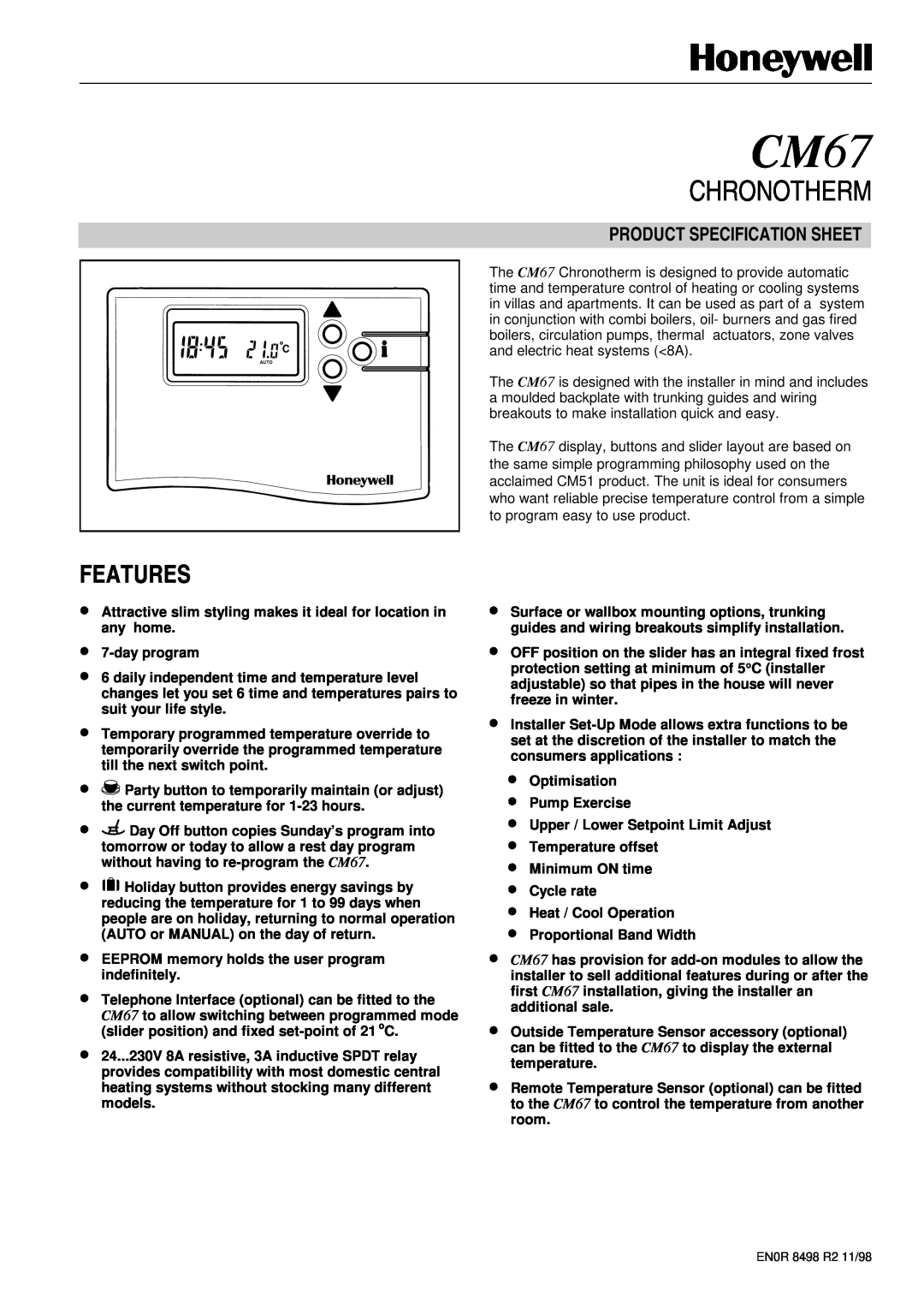 Honeywell CM67 specifications Features, Product Specification Sheet, Chronotherm 