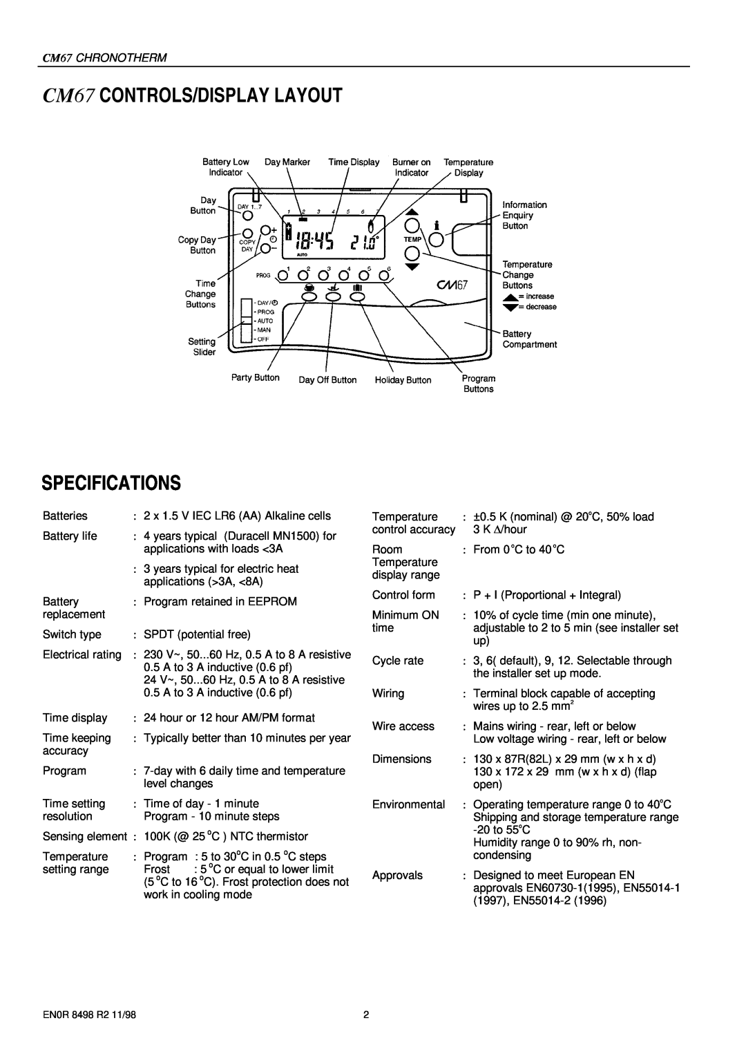 Honeywell specifications Specifications, CM67 CONTROLS/DISPLAY LAYOUT 