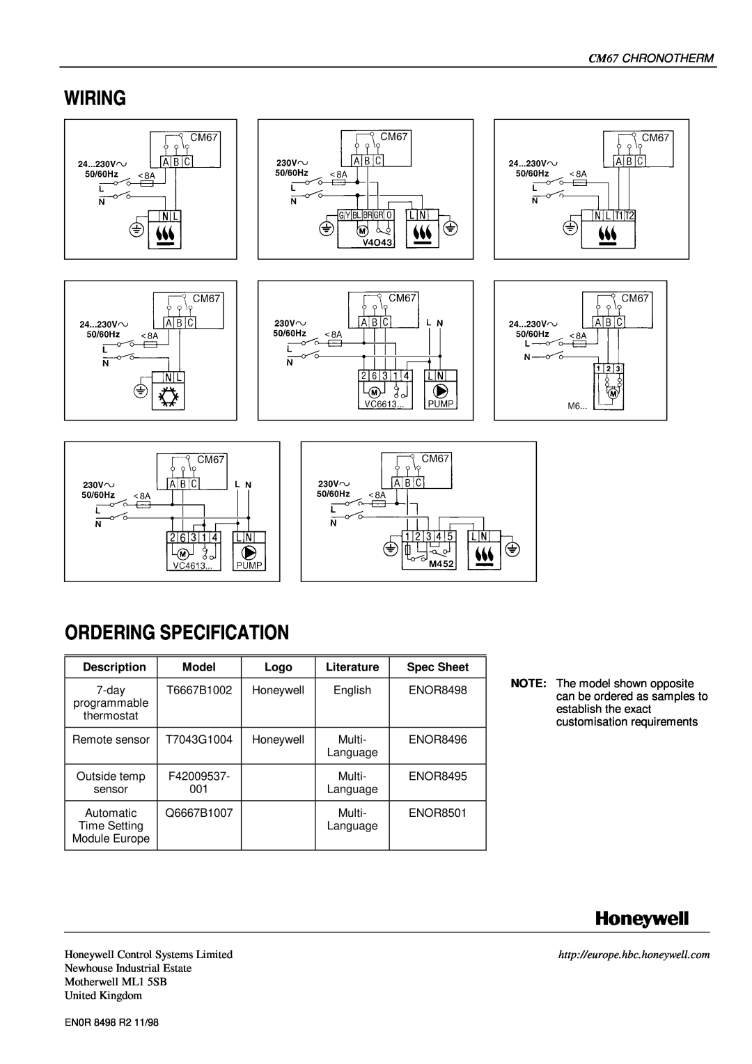 Honeywell CM67 specifications Wiring Ordering Specification, Description, Model, Logo, Literature, Spec Sheet 