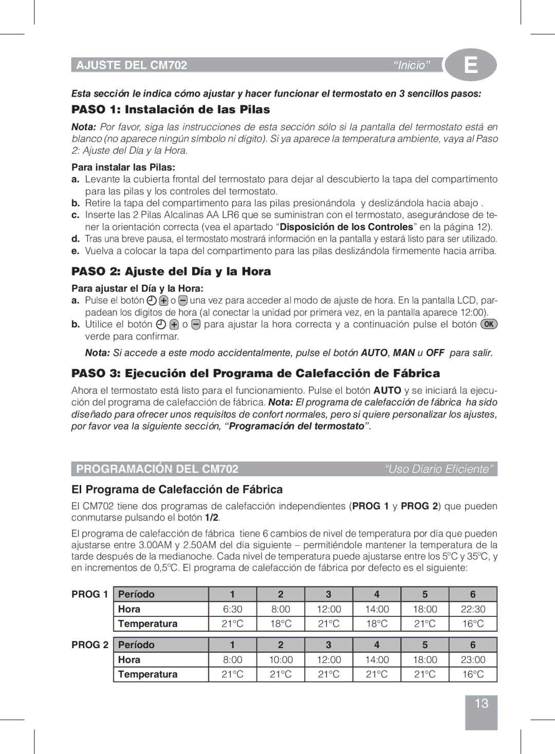 Honeywell manual do utilizador Ajuste DEL CM702, Inicio, Programación DEL CM702, Uso Diario Eficiente 