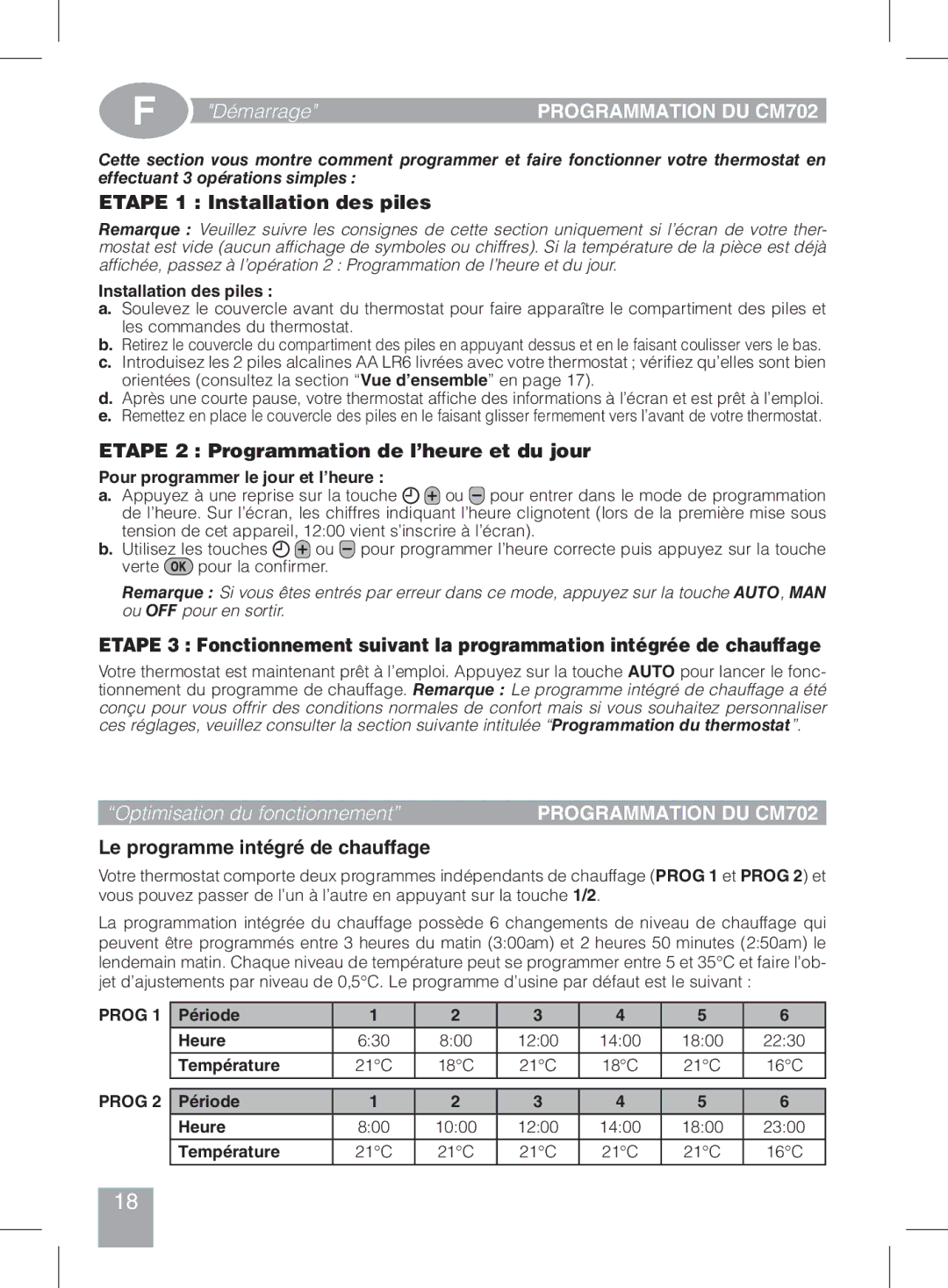 Honeywell Etape 1 Installation des piles, Etape 2 Programmation de l’heure et du jour, Programmation DU CM702 