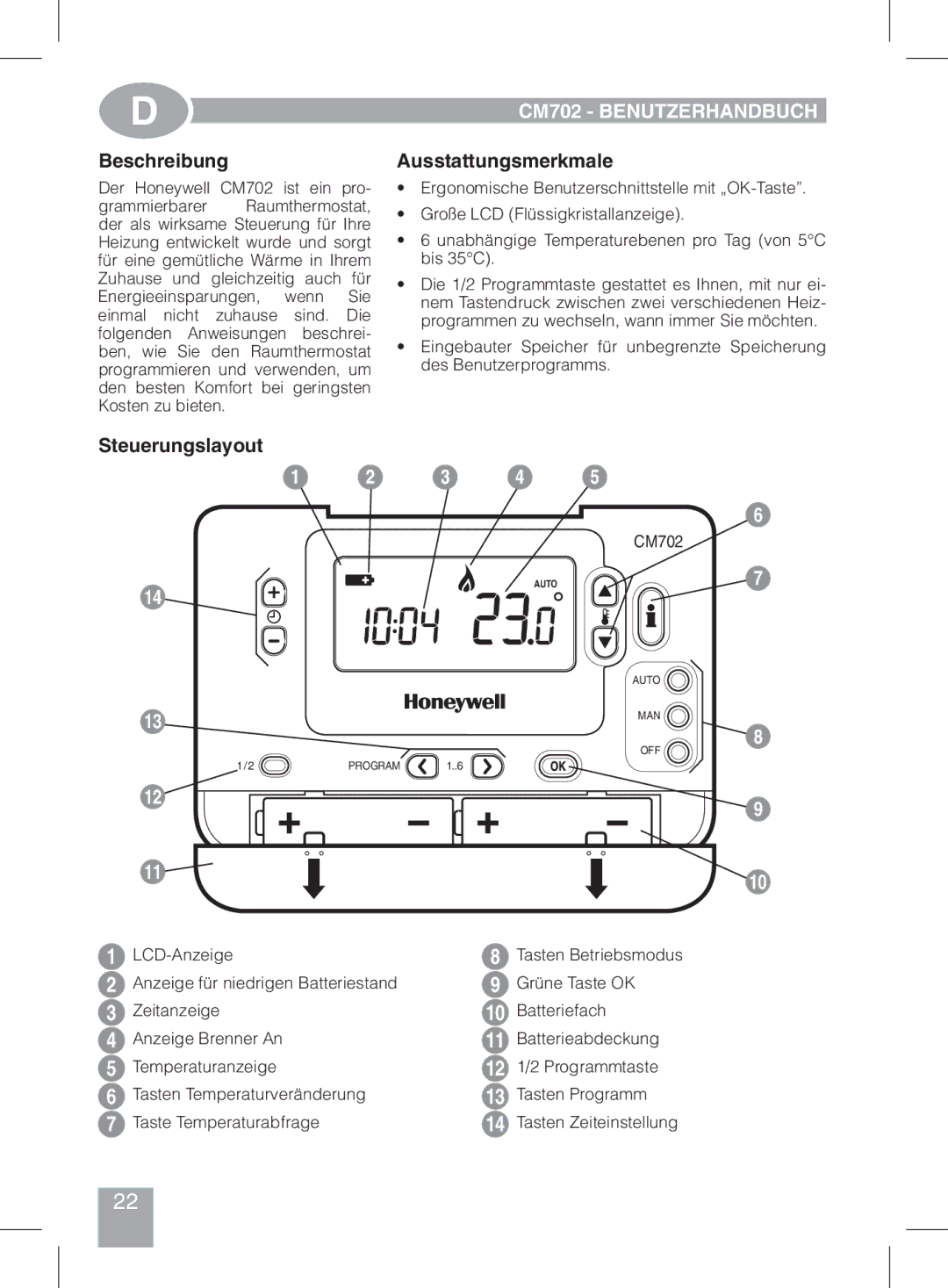 Honeywell manual do utilizador Beschreibung, CM702 Benutzerhandbuch, Ausstattungsmerkmale, Steuerungslayout 