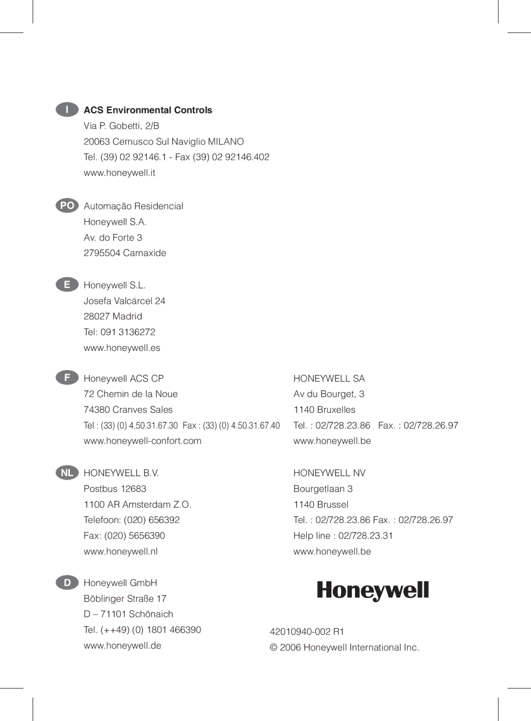 Honeywell CM702 manual do utilizador ACS Environmental Controls, Honeywell SA 