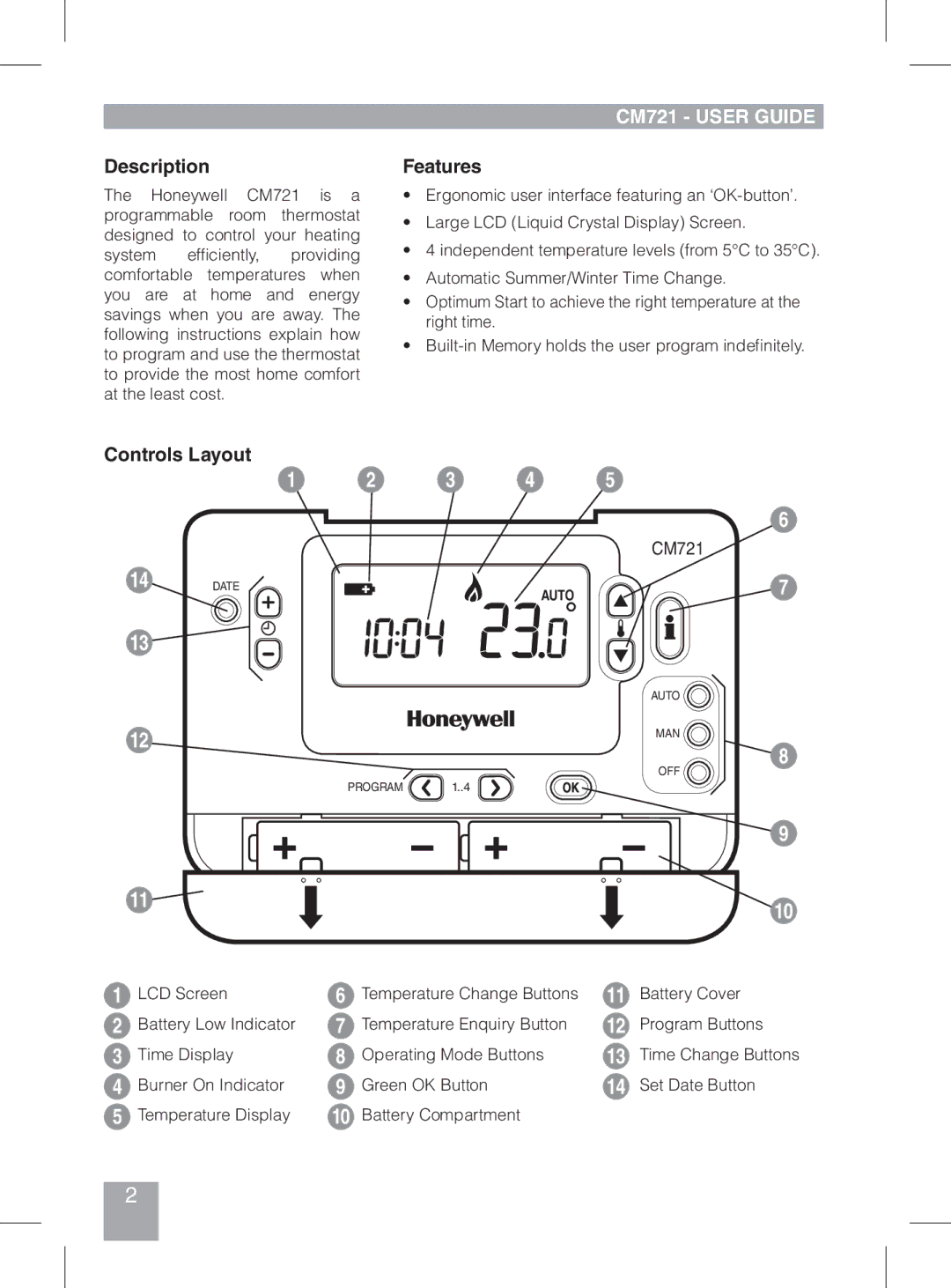 Honeywell manual Description, CM721 User Guide, Features, Controls Layout 