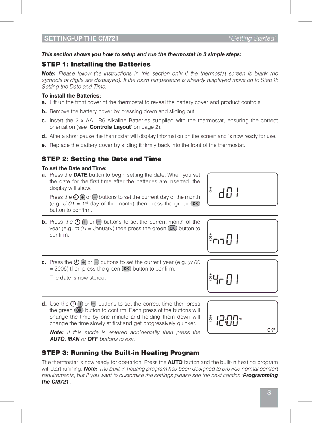 Honeywell manual SETTING-UP the CM721, Installing the Batteries, Setting the Date and Time 