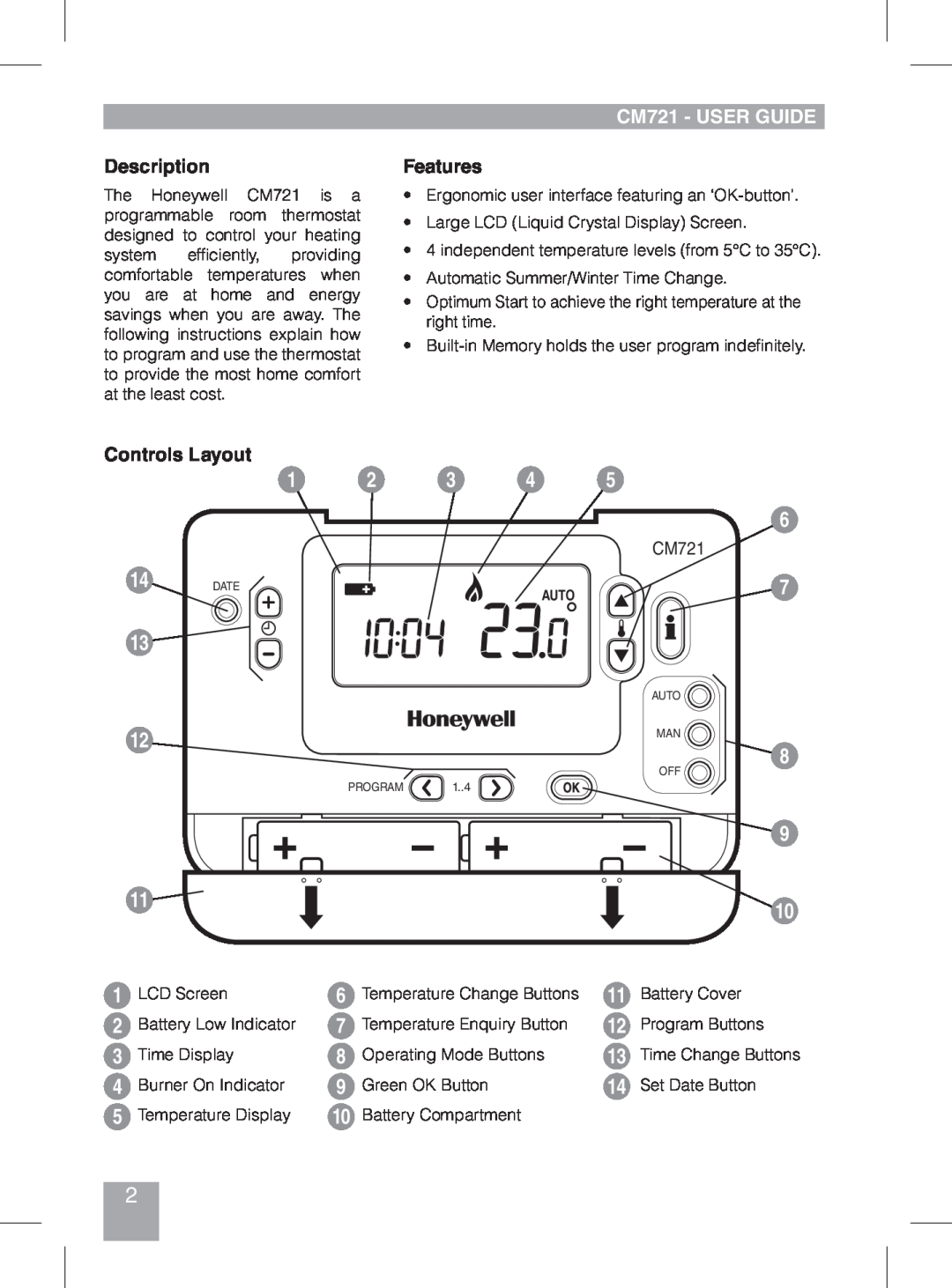 Honeywell manual Description, CM721 - USER GUIDE, Features, Controls Layout 