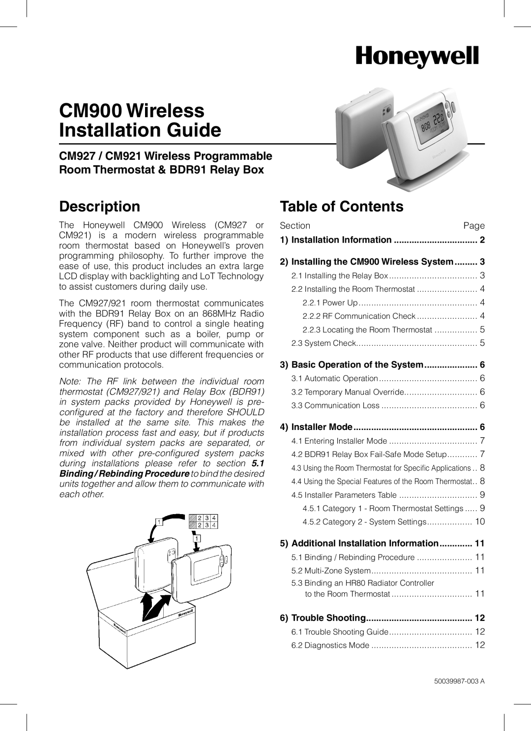 Honeywell CM900 manual Description, Table of Contents 
