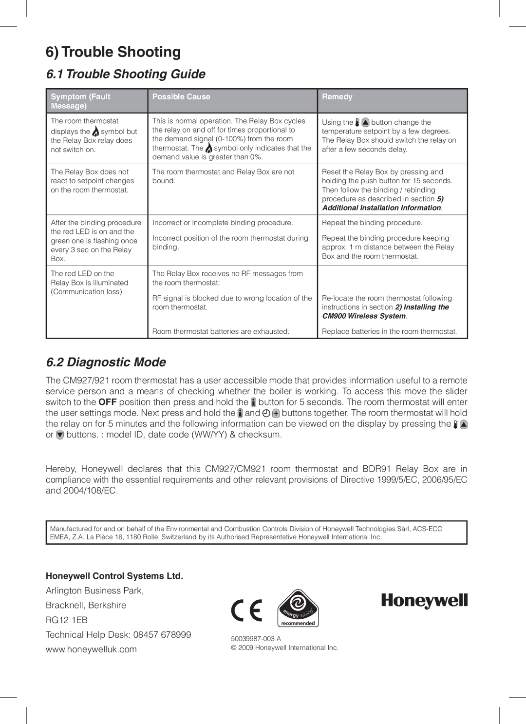 Honeywell CM900 manual Trouble Shooting Guide, Diagnostic Mode 