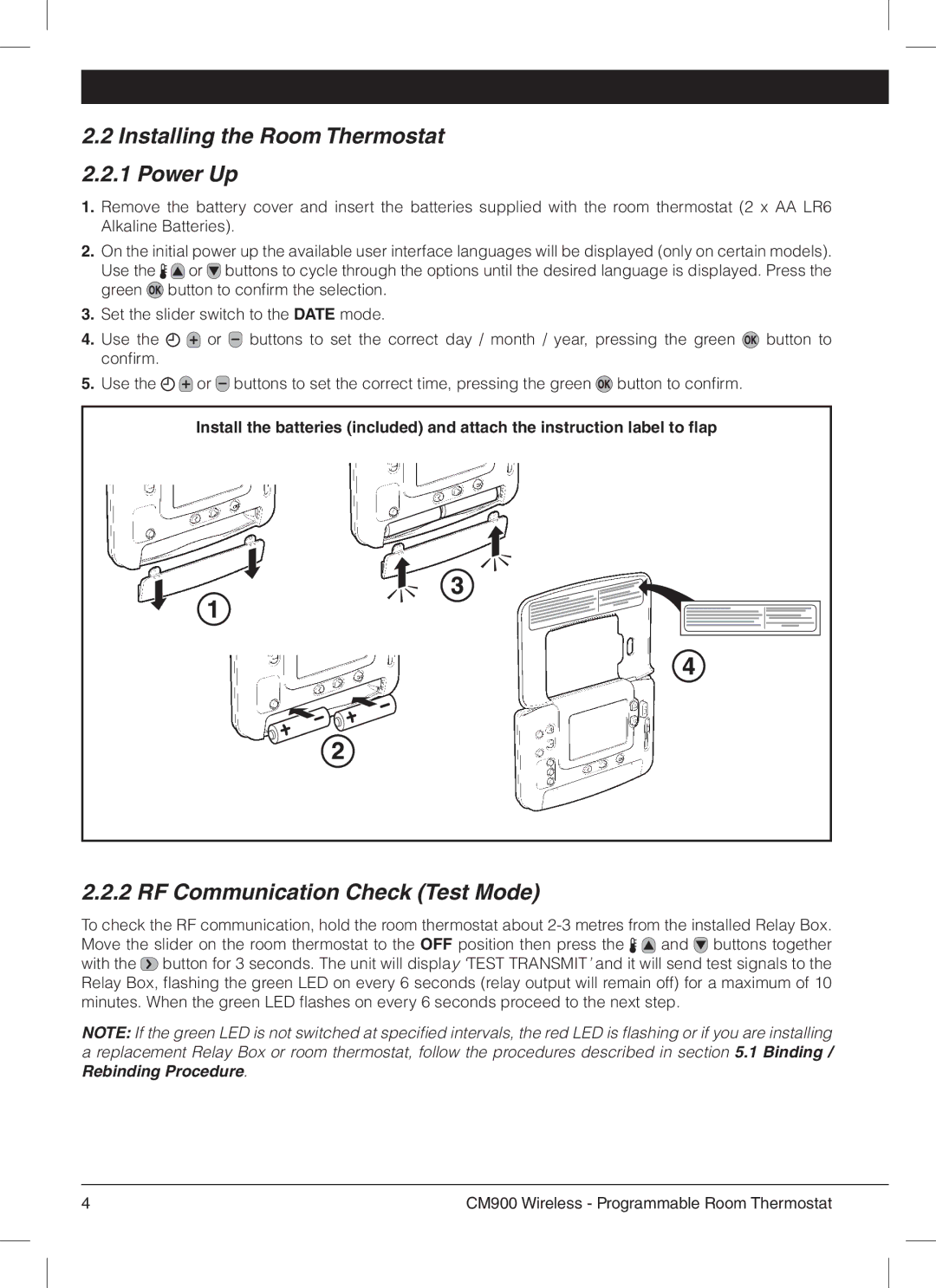 Honeywell CM900 manual Installing the Room Thermostat 2.2.1 Power Up, RF Communication Check Test Mode 