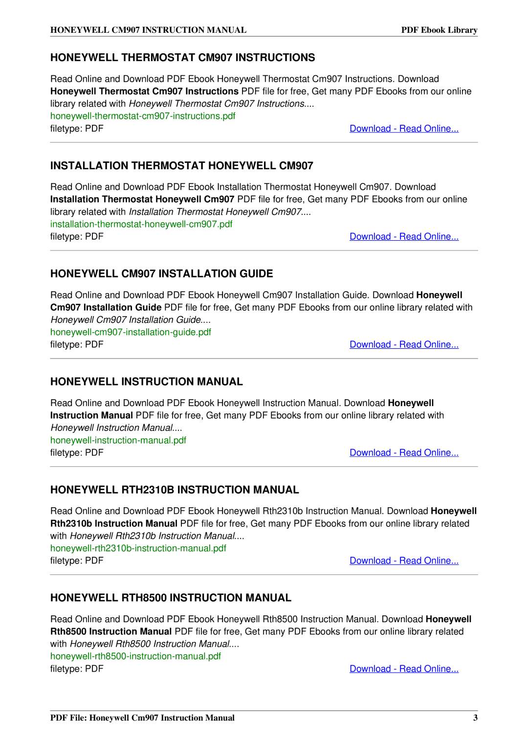 Honeywell instruction manual Honeywell Thermostat CM907 Instructions 