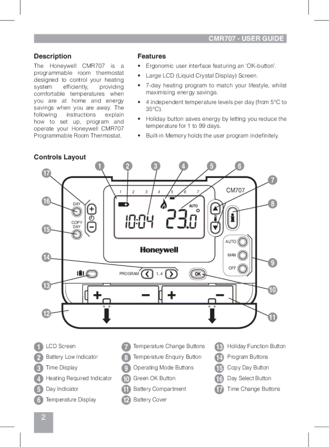 Honeywell CMR707A1049 manual Description, CMR707 User Guide, Features, CM707 