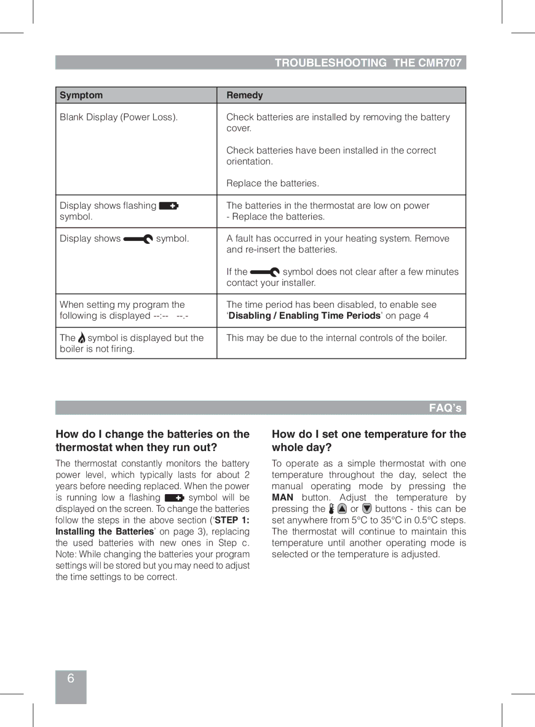 Honeywell CMR707A1049 Troubleshooting the CMR707, FAQ’s, How do I set one temperature for the whole day?, Symptom Remedy 