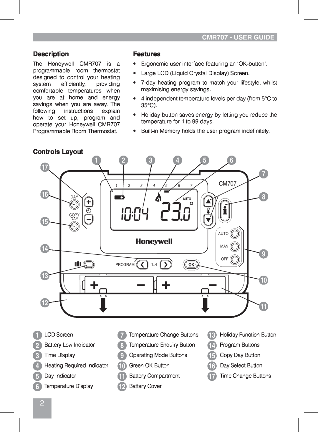 Honeywell CMR707A1049 manual Description, CMR707 - USER GUIDE, Features, CM707, Controls Layout 
