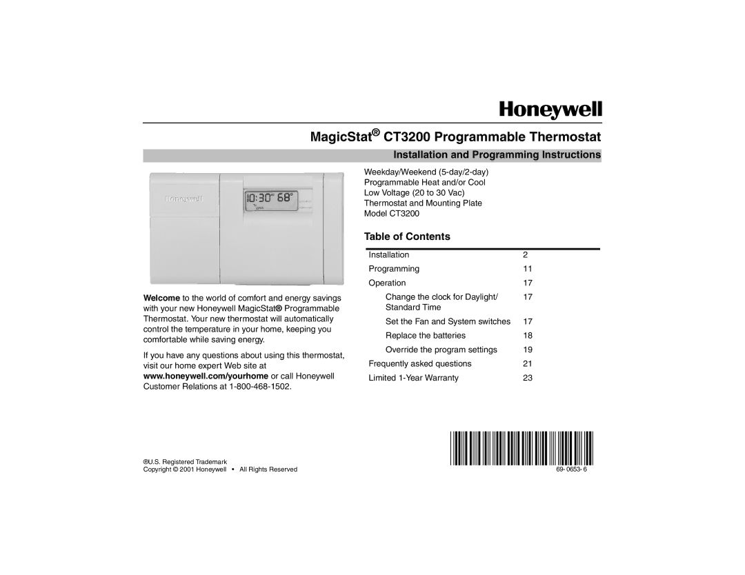 Honeywell CT3200 warranty Installation and Programming Instructions, Table of Contents 