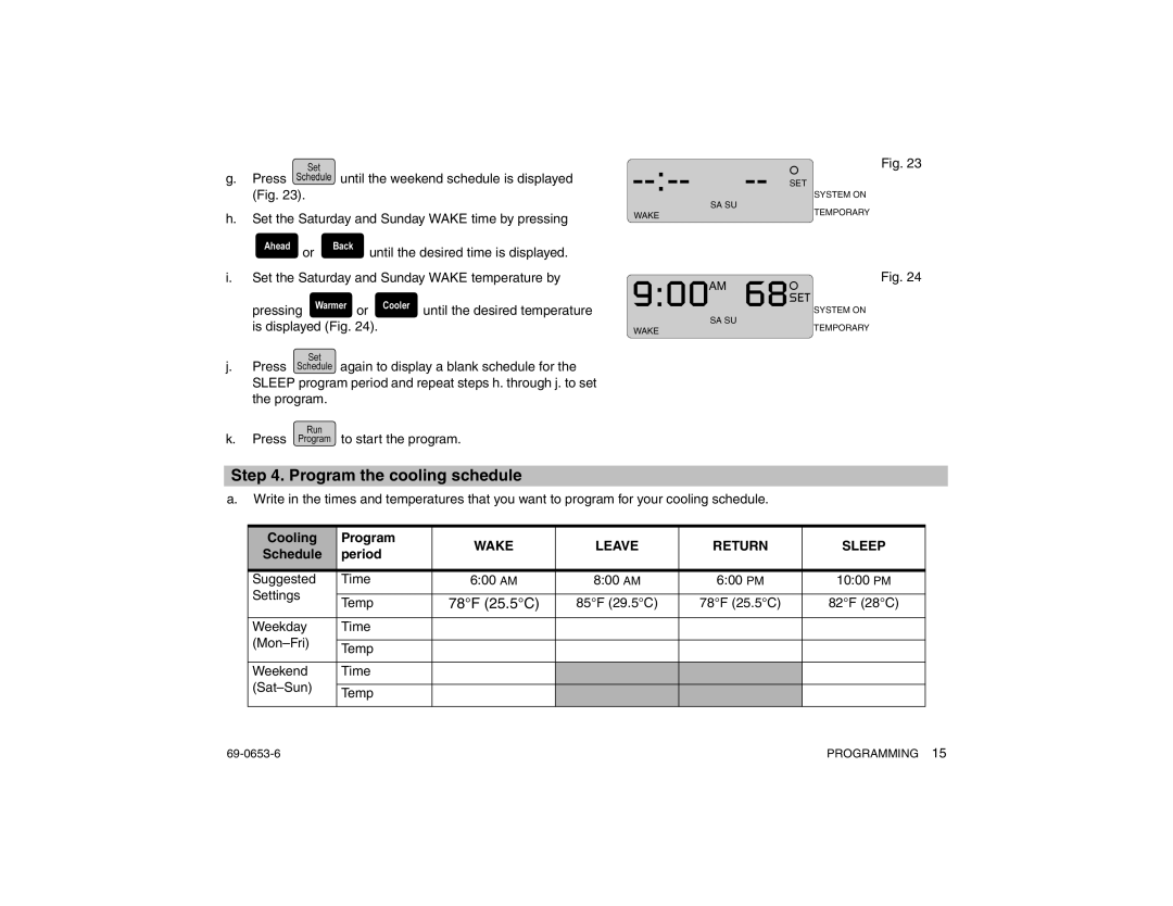 Honeywell CT3200 warranty Program the cooling schedule, Cooling Program 