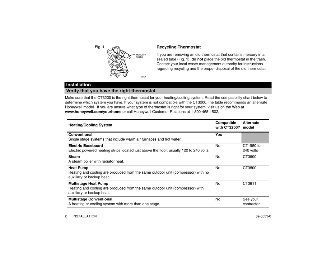 Honeywell CT3200 warranty Installation, Verify that you have the right thermostat, Recycling Thermostat 