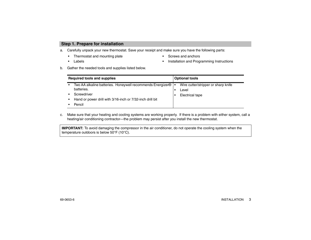 Honeywell CT3200 warranty Prepare for installation, Required tools and supplies Optional tools 